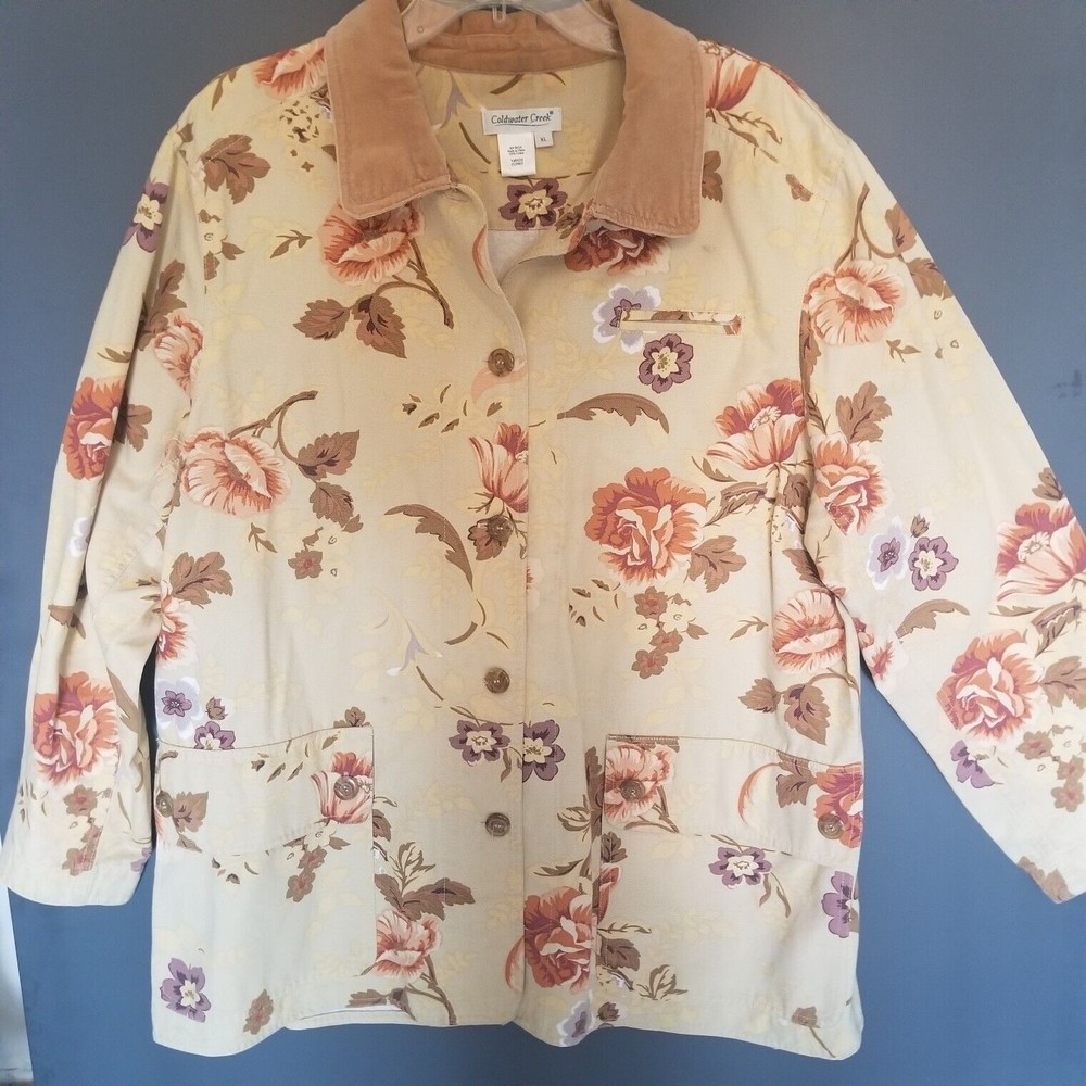 Coldwater Creek Women Chore Coat Floral Print Tan Velour Collar XL Grannycore